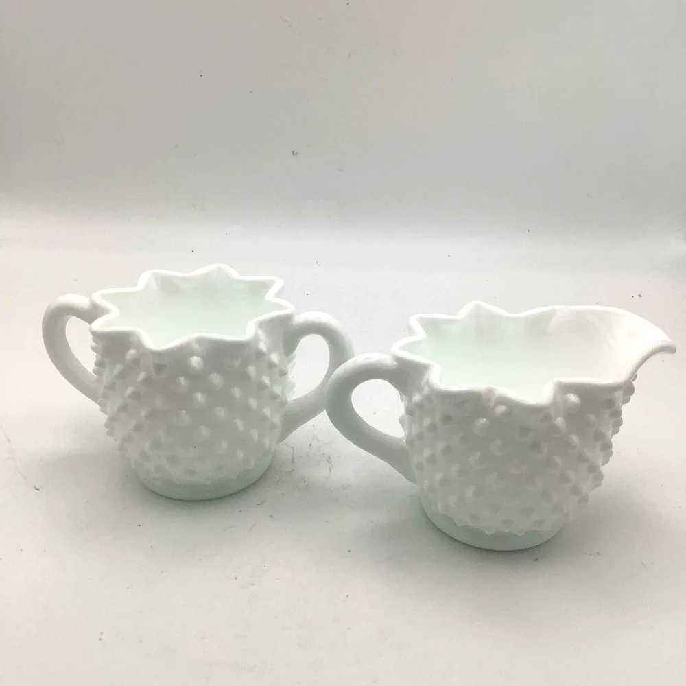White Hobnail Milk Glass Creamer and Sugar Set